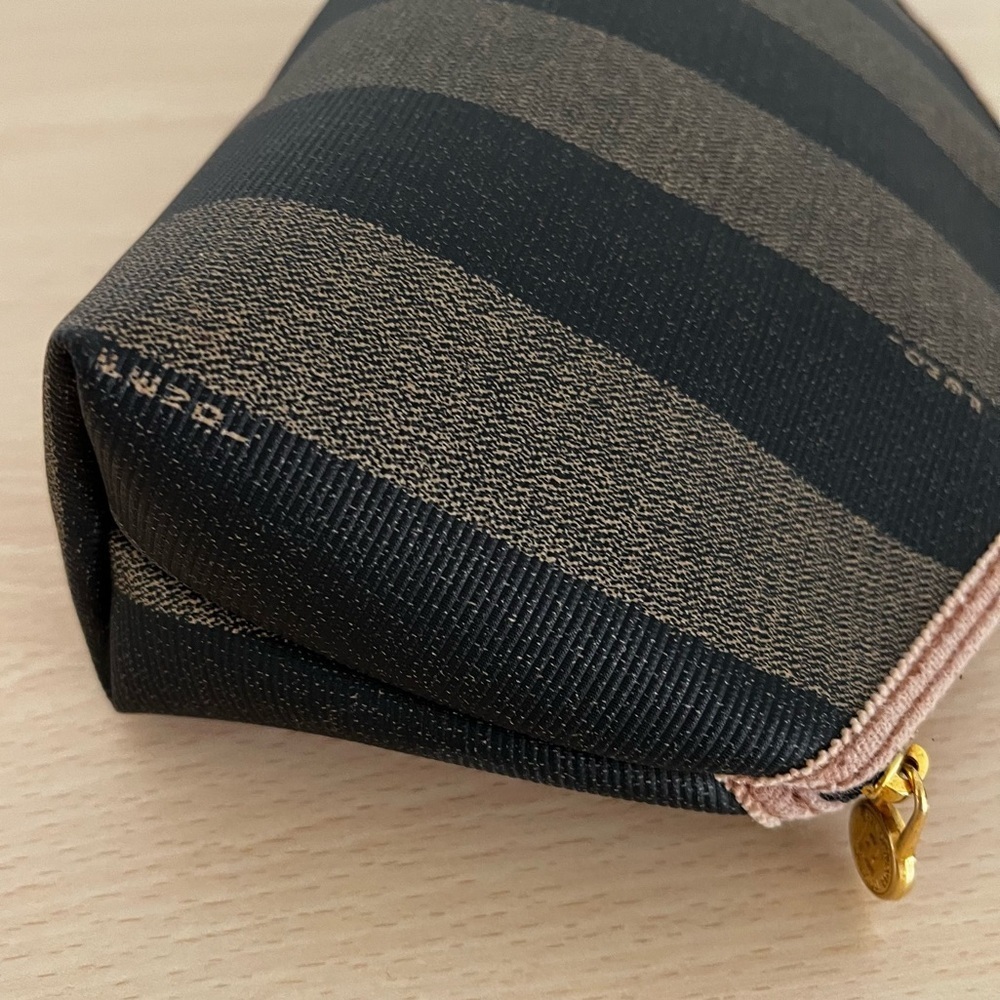 FENDI Pecan Striped Canvas Pouch Black Brown Gold COA 1980s Italy - Picture 8 of 17
